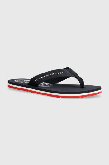 Žabky Tommy Hilfiger GLOBAL STRIPES FLAT BEACH SANDAL dámské, tmavomodrá barva, na plochém podpatku, FW0FW07856