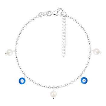 Strieborný 925 náramok - okrúhle prírodné perly, korálky s okom Fatimy