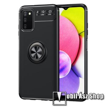 OTT! METAL RING szilikon védő tok / hátlap - FEKETE - fém ujjgyűrű, tapadófelület mágneses autós tartóhoz, kitámasztható, ERŐS VÉDELEM! - SAMSUNG Galaxy A03s (SM-A037F)