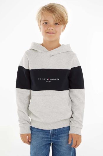 Dětská bavlněná mikina Tommy Hilfiger šedá barva, s kapucí, vzorovaná