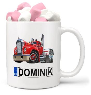 Hrnek SPZ se jménem – barevný kamion (Jméno: Dominik, Náplň hrníčku: Marshmallow)