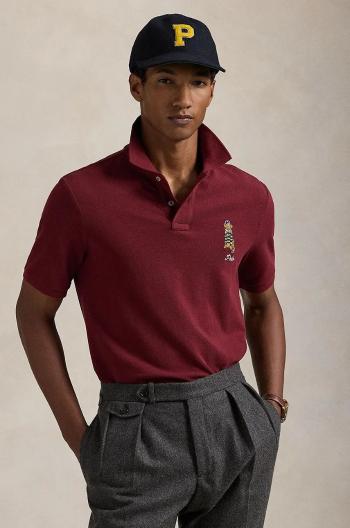 Bavlněné polo tričko Polo Ralph Lauren vínová barva, s aplikací, 710953336