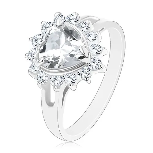 Prsten stříbrné barvy, čiré broušené srdíčko lemované kulatými zirkony - Velikost: 54