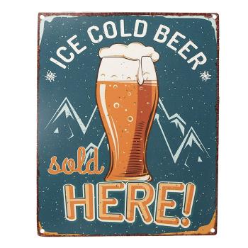 Modrá antik nástěnná kovová cedule Ice Cold Beer, Sold Here - 20*1*25 cm 6Y5175