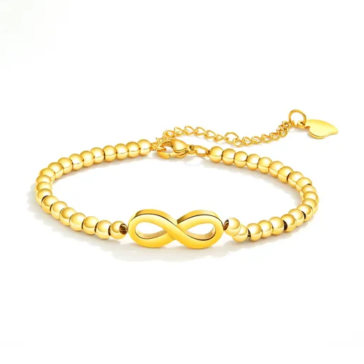 Kuličkový náramek z oceli 316L - symbol nekonečna, asymetrické srdce, zlatá barva