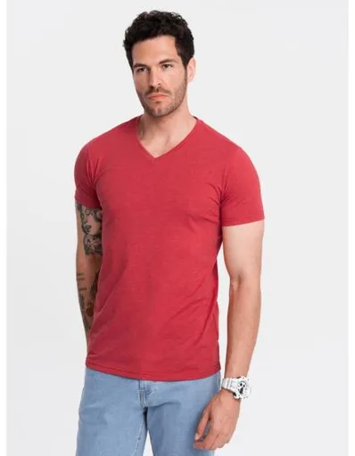 BASIC pánské klasické bavlněné tričko s výstřihem - červený melír V17