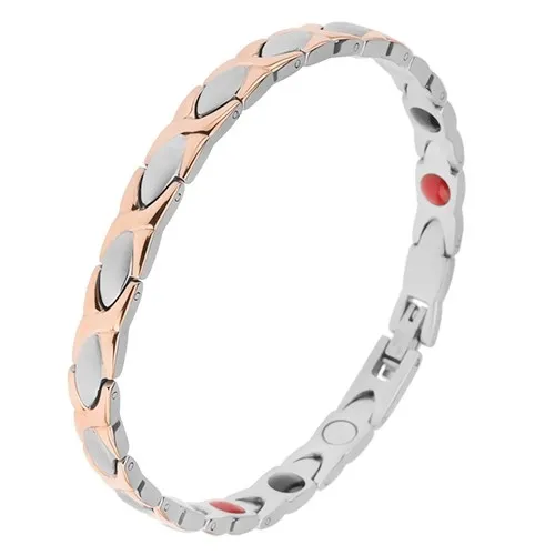 Ocelový náramek měděné a stříbrné barvy, články "X" a ovály, magnety