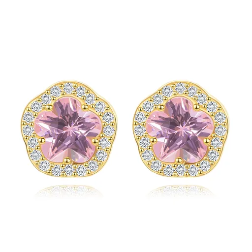 Náušnice ze žlutého 14K zlata - blýskavý růžovo-čirý zirkonový květ