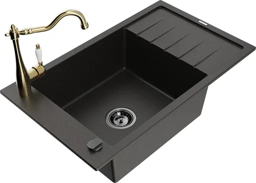 MEXEN/S Elias granitový dřez 1-miska včetně baterie Carla, černá/zlatá metalik 6511-75-670700-50-B