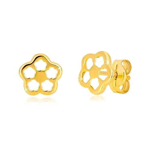 Náušnice ve žlutém zlatě 585 - kontura květu s vyřezávanými lupínky, puzetky