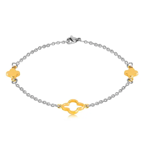 Náramek z oceli ve zlaté a stříbrné barvě - menší květy, obrys květu uprostřed