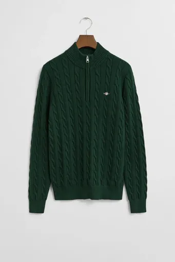 SVETR GANT COTTON CABLE HALF ZIP TARTAN GREEN