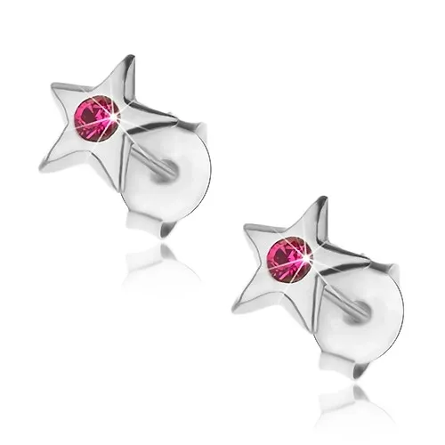 Stříbrné 925 náušnice, lesklá hvězdička s fuchsiovým krystalkem
