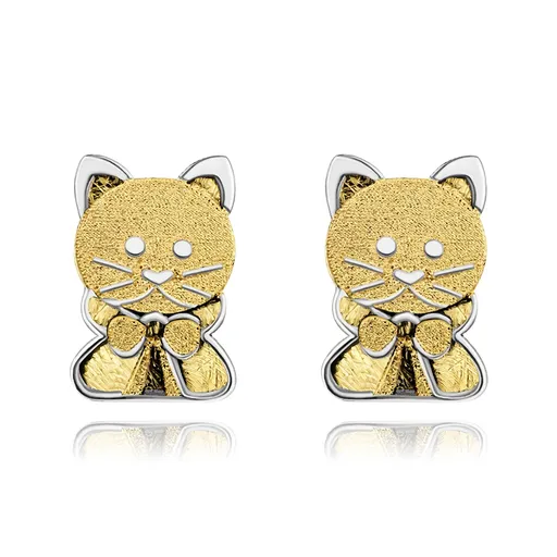 Zlaté náušnice 14K dvoubarevná kočka s mašlí