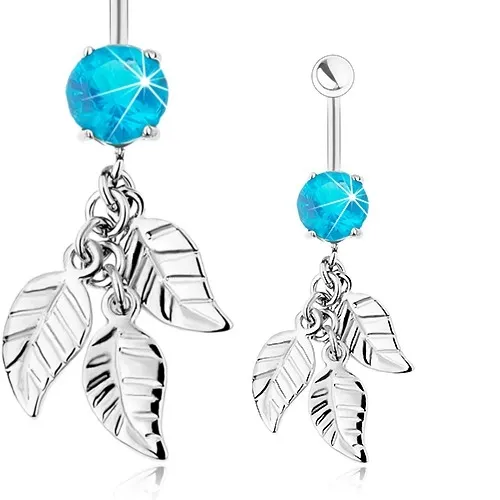 Piercing do bříška, chirurgická ocel, zirkon akvamarínové barvy, tři lístky