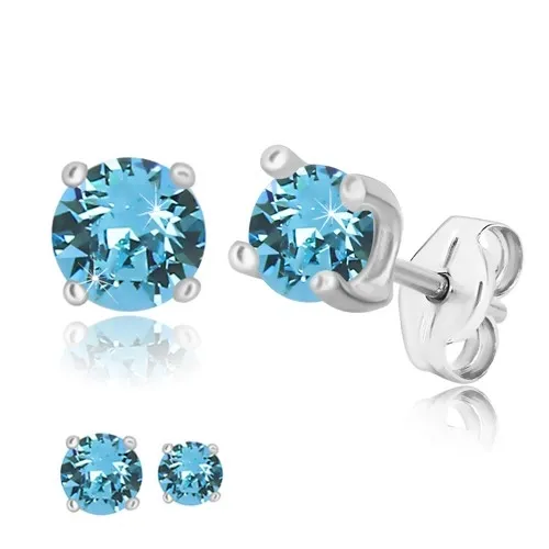 Puzetové náušnice - kulatý zirkon modravé barvy, čtvercový kotlík, stříbro 925 - Velikost zirkonu: 4 mm