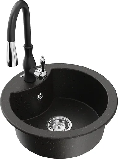 MEXEN/S Diego granitový dřez 1-miska včetně baterie Savita, černá/zlatá metalik 6512-75-672601-70