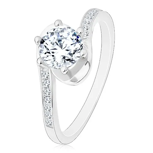 Prsten ze stříbra 925, lesklá ramena se zahnutými konci, kulatý čirý zirkon - Velikost: 51