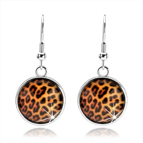 Kabošon náušnice, vypouklé čiré sklo, leopardí motiv, afro háčky