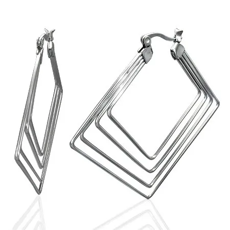 Ocelové náušnice stříbrné barvy - čtyři čtverce, 40 mm