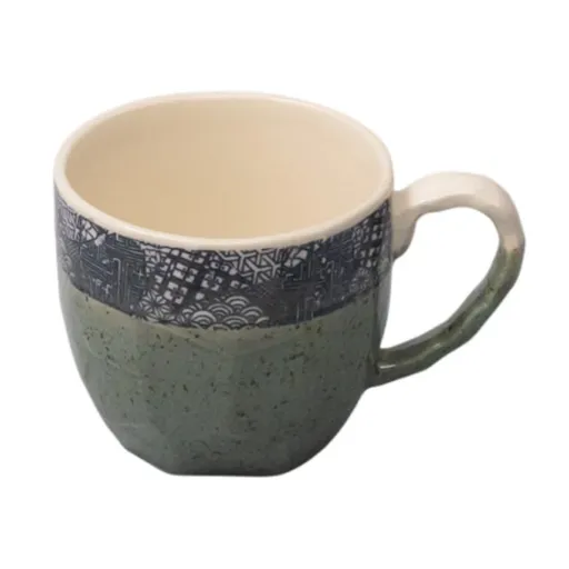 Hrnek DARK GREEN WITH PATCHWORK BAND 250 ml, zelená, keramika, MIJ