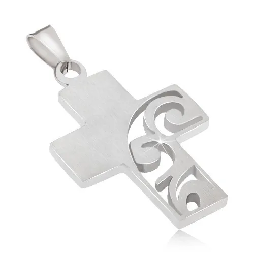 Přívěsek z oceli 316L - kříž stříbrné barvy s vyřezávanou polovinou