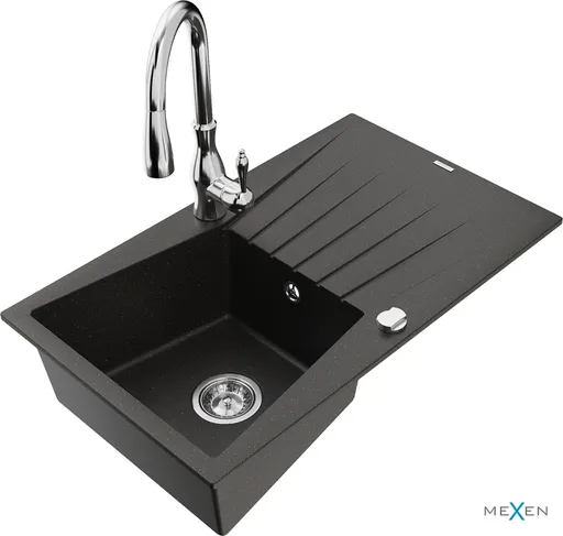 MEXEN/S Cesar granitový dřez 1 s odkapávačem včetně baterie Savita, černá/zlatá metalik 6514-75-672601-00