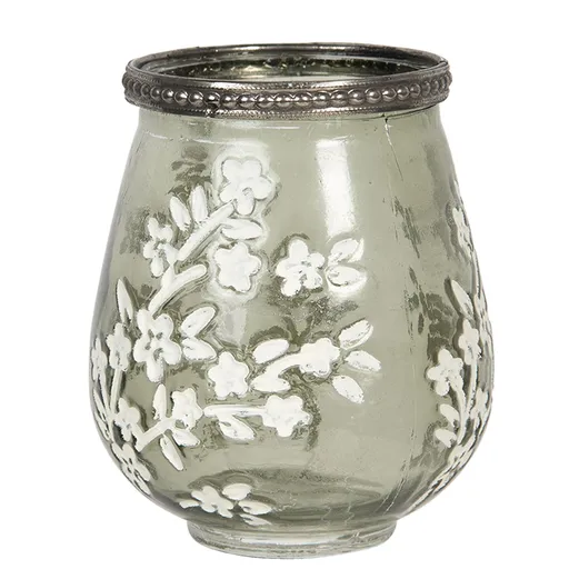 Zelený skleněný svícen s bílými květy  - Ø 9*11 cm Clayre & Eef