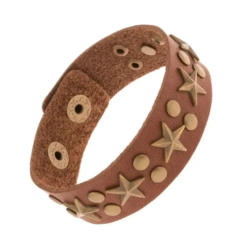 Okovaný hnědý náramek ze syntetické kůže, patinované hvězdy a nýty