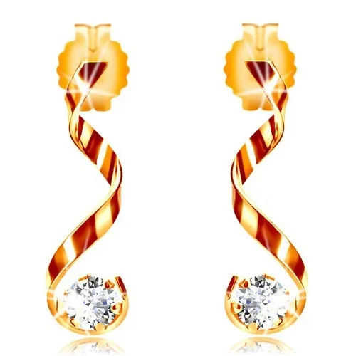 Náušnice ve žlutém 14K zlatě - lesklá zvlněná linie, čirý zirkon