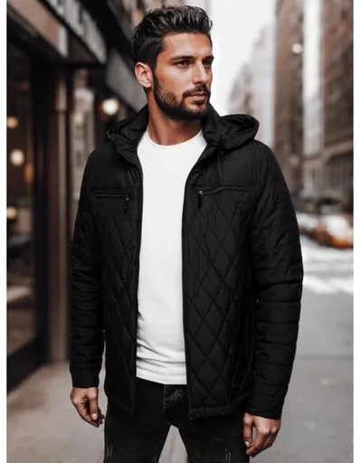 Pánská prošívaná bunda s kapucí, černá