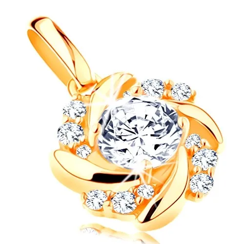 Přívěsek ve žlutém 14K zlatě - slunce, čirý zirkon, zatočené třpytivé paprsky