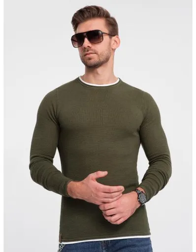 Pánský bavlněný svetr s kulatým výstřihem V7 OM-SWSW-0103 tmavě olivový