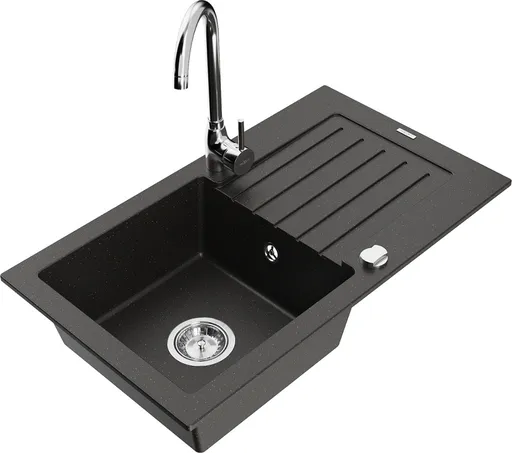 MEXEN/S Pablo granitový dřez s odkapávačem včetně baterie Telma, černá/zlatá 6510-75-670200-00