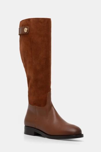 Kožené kozačky Tommy Hilfiger TH STUD LEATHER MIX LONG BOOT dámské, hnědá barva, na plochém podpatku, FW0FW08341