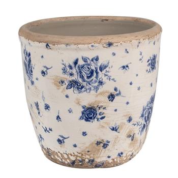 Béžový keramický obal na květináč s modrými růžemi Blue Rose S - Ø 13*12 cm 6CE1658S