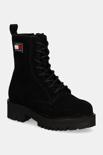 Nízké kozačky Tommy Jeans TJW URBAN LACE UP SUEDE dámské, černá barva, na plochém podpatku, EN0EN02630