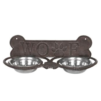 Misky pro psa ve stojanu s kostí a nápisem Woof - 39*18*12 cm 6Y3203