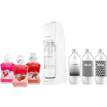 SodaStream Jet Pastel white + láhev + příchutě JAHODA, ZAHRADNÍ OVOCE, MALINA