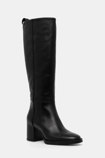 Kožené kozačky Tommy Hilfiger LONG BOOT MID WRAPPED LTHR HEEL dámské, černá barva, na podpatku, FW0FW08099