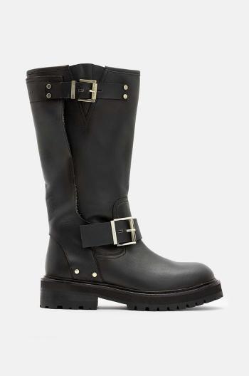 Kožené kozačky AllSaints Tay Biker Boot dámské, černá barva, na plochém podpatku, W026FA