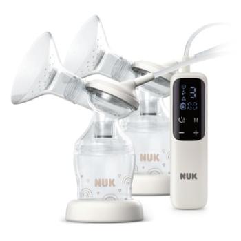 NUK Elektrická dvojitá odsávačka Soft & Easy s dobíjecí baterií a bílými prsními nástavci včetně kojenecké láhve Perfect Match 150 ml