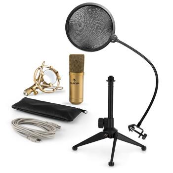 Auna MIC-900G-LED V2, USB mikrofonní sada, zlatý kondenzátorový mikrofon + pop-filter + stolní stativ