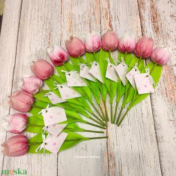 Anyák napi textil tulipán kísérő kártyával 12 db/cs, fehér-púder-pink, örökvirág