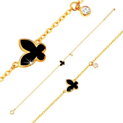 Náramek ze žlutého zlata 585 - glazovaný černý motýl a kulatý zirkonek čiré barvy