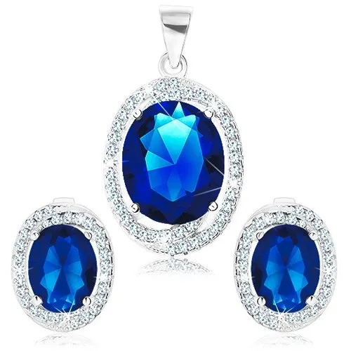 Stříbrná sada 925 - přívěsek a náušnice, oválný tmavě modrý zirkon v kontuře