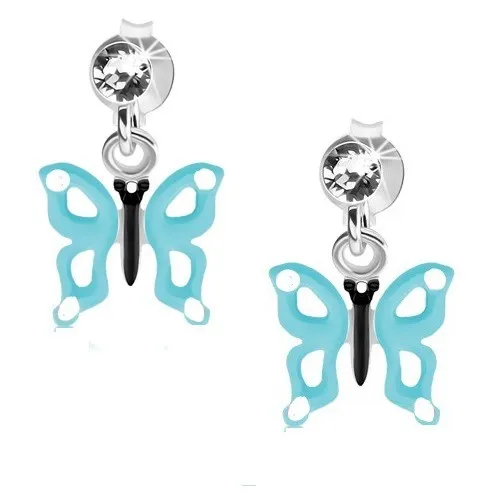 Náušnice ze stříbra 925, čirý krystal, motýl se světle modrými křídly, výřezy