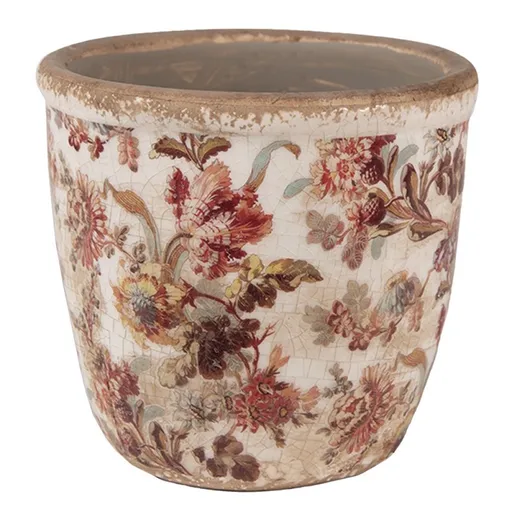 Béžový keramický obal na květináč s květy Flovia XS - Ø 11*11 cm Clayre & Eef