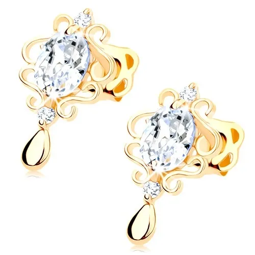 Náušnice ve žlutém 14K zlatě - oválný čirý zirkon lemovaný ornamenty, slza