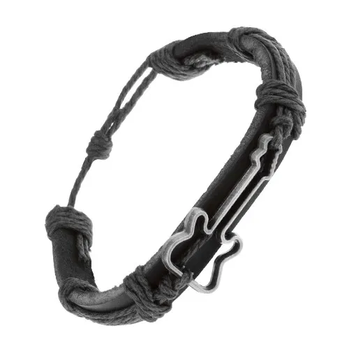 Černý náramek z kůže a šňůrek, vyřezávaný obrys kytary